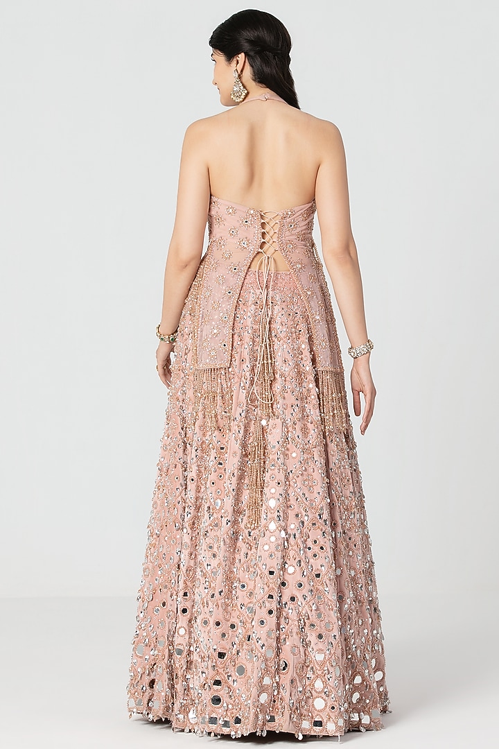 Rose Pink Velvet Mirror & Crystal Work Bridal Lehenga Set by Abhinav Mishra at Pernia's Pop Up Shop