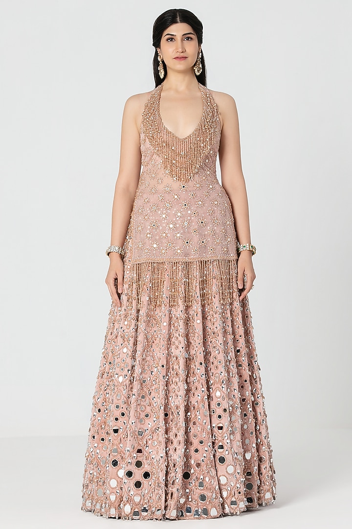 Rose Pink Velvet Mirror & Crystal Work Bridal Lehenga Set by Abhinav Mishra at Pernia's Pop Up Shop