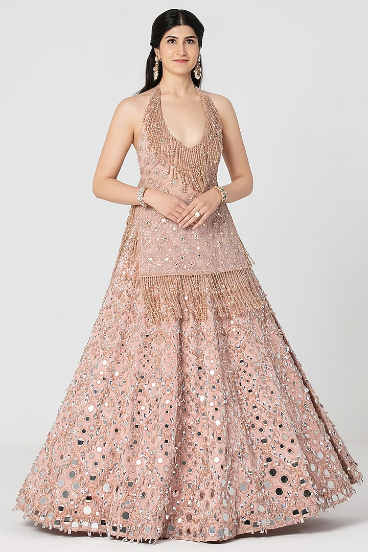 Rose Pink Velvet Mirror & Crystal Work Bridal Lehenga Set by Abhinav Mishra at Pernia's Pop Up Shop