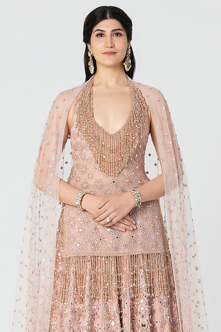 Rose Pink Velvet Mirror & Crystal Work Bridal Lehenga Set by Abhinav Mishra at Pernia's Pop Up Shop