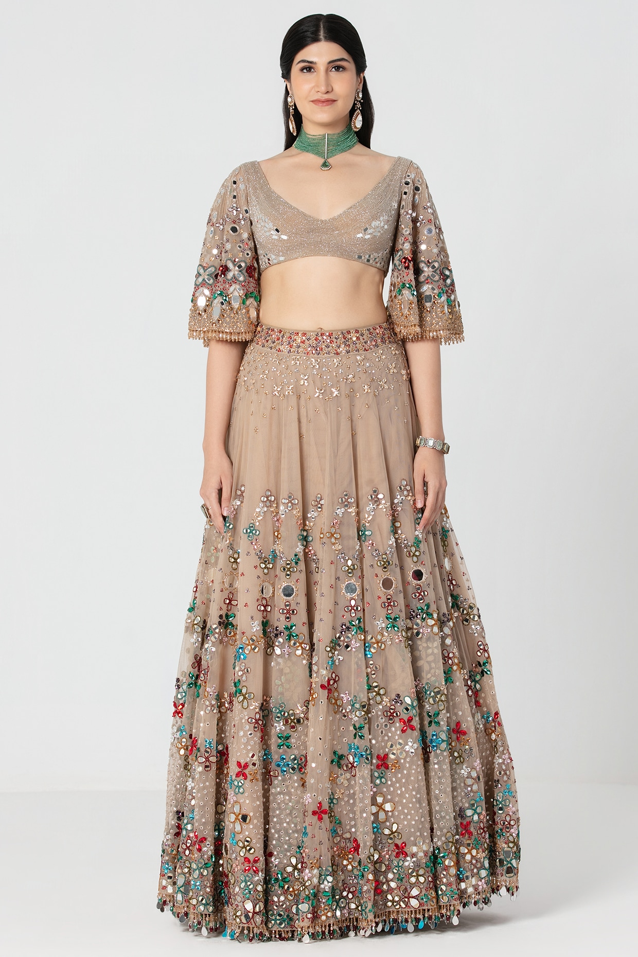 Abhinav Mishra Beige Net Mirror & Crystal Work Lehenga Set