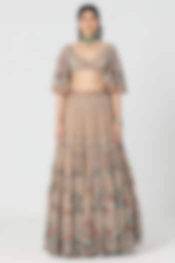 Beige Net Mirror & Crystal Work Bridal Lehenga Set by Abhinav Mishra at Pernia's Pop Up Shop