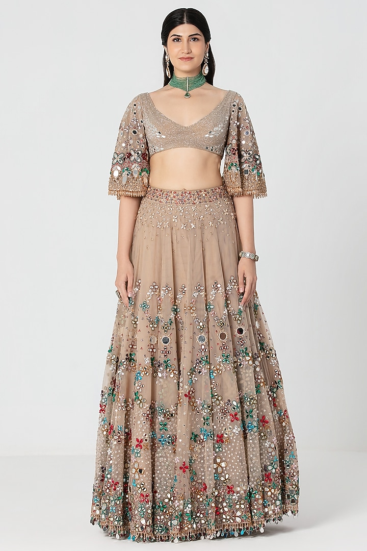 Beige Net Mirror & Crystal Work Bridal Lehenga Set by Abhinav Mishra at Pernia's Pop Up Shop