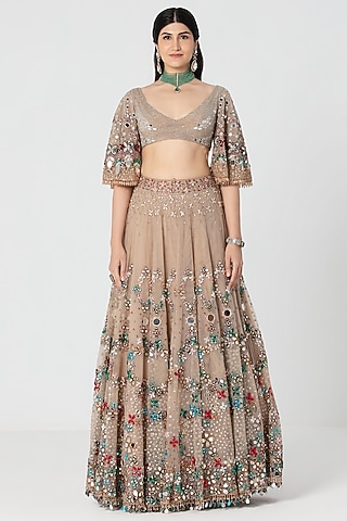 Beige Net Mirror & Crystal Work Lehenga Set by Abhinav Mishra