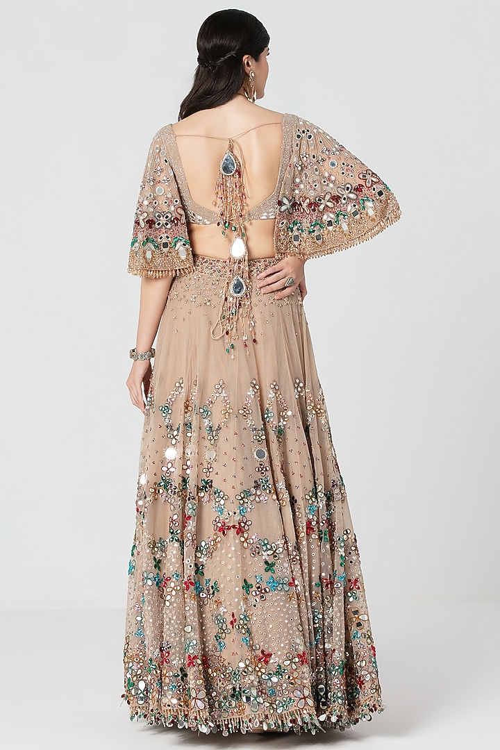 Beige Net Mirror & Crystal Work Bridal Lehenga Set by Abhinav Mishra at Pernia's Pop Up Shop