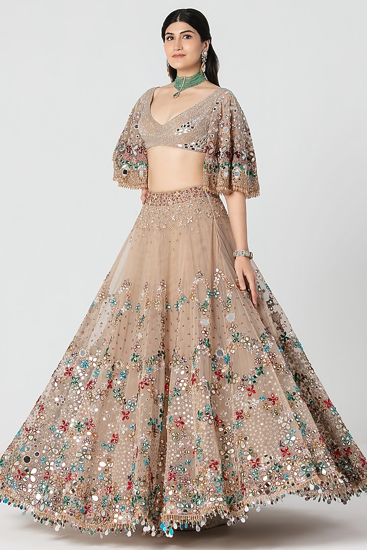 Beige Net Mirror & Crystal Work Bridal Lehenga Set by Abhinav Mishra at Pernia's Pop Up Shop