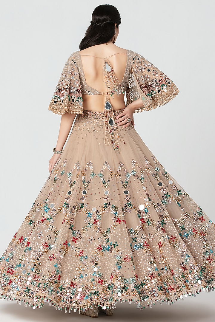 Beige Net Mirror & Crystal Work Bridal Lehenga Set by Abhinav Mishra at Pernia's Pop Up Shop