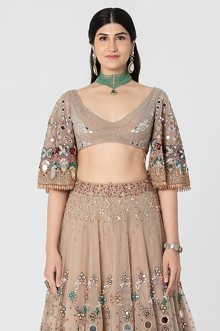 Beige Net Mirror & Crystal Work Bridal Lehenga Set by Abhinav Mishra at Pernia's Pop Up Shop