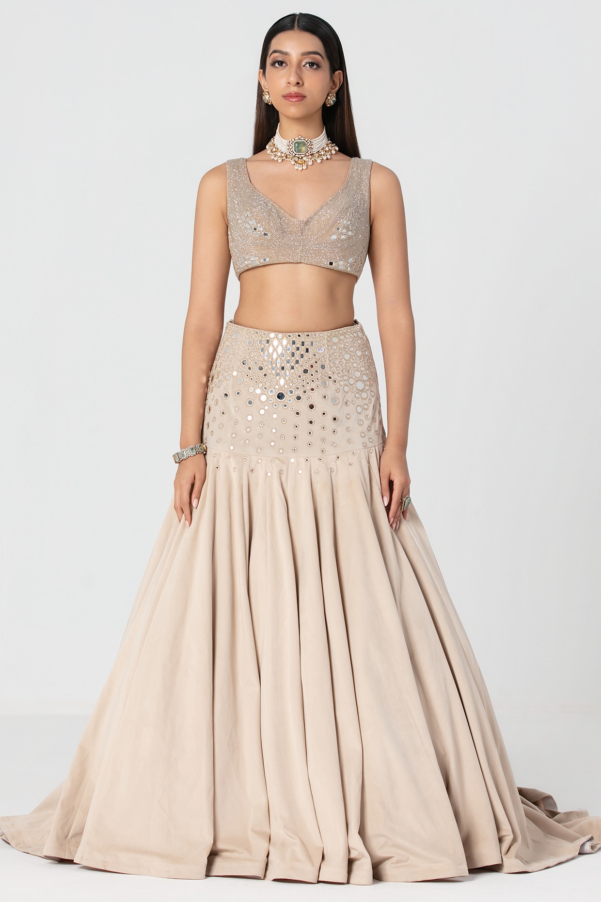 Abhinav Mishra Beige Velvet Mirror Work Lehenga Set