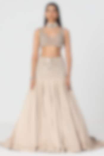 Beige Velvet Mirror Work Bridal Lehenga Set by Abhinav Mishra at Pernia's Pop Up Shop