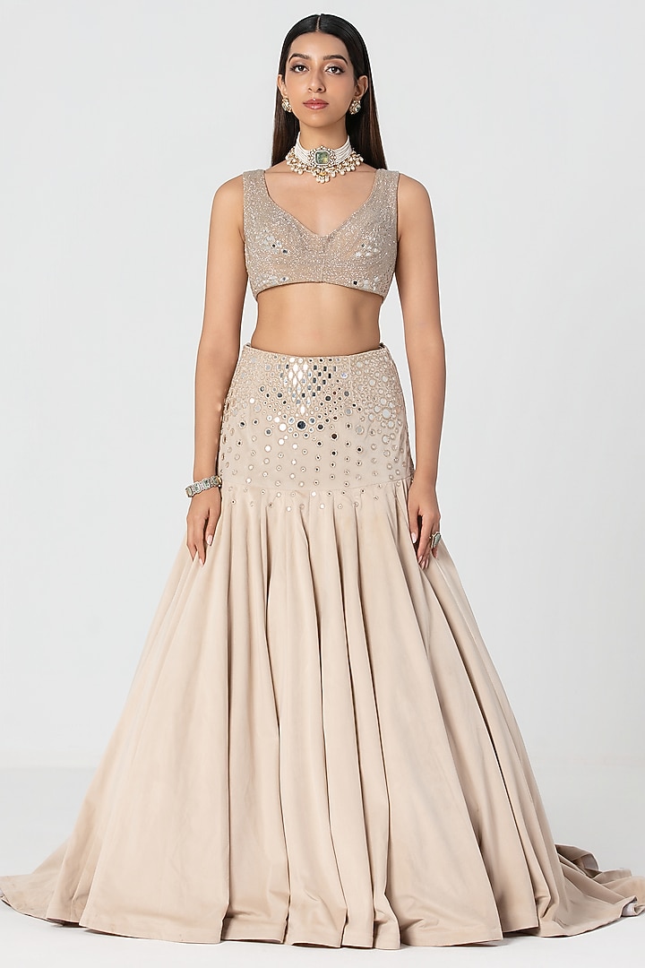 Beige Velvet Mirror Work Bridal Lehenga Set by Abhinav Mishra at Pernia's Pop Up Shop