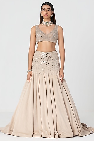 Beige Velvet Mirror Work Lehenga Set by Abhinav Mishra