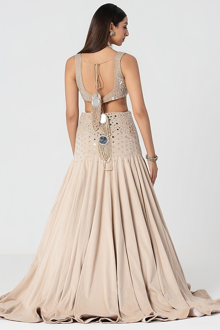 Beige Velvet Mirror Work Bridal Lehenga Set by Abhinav Mishra at Pernia's Pop Up Shop