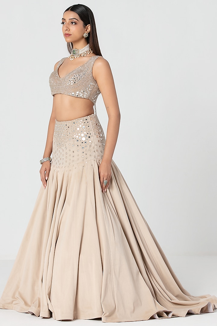 Beige Velvet Mirror Work Bridal Lehenga Set by Abhinav Mishra at Pernia's Pop Up Shop
