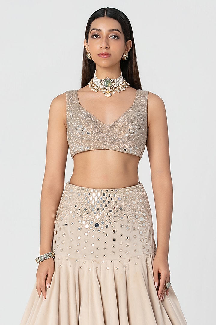 Beige Velvet Mirror Work Bridal Lehenga Set by Abhinav Mishra at Pernia's Pop Up Shop