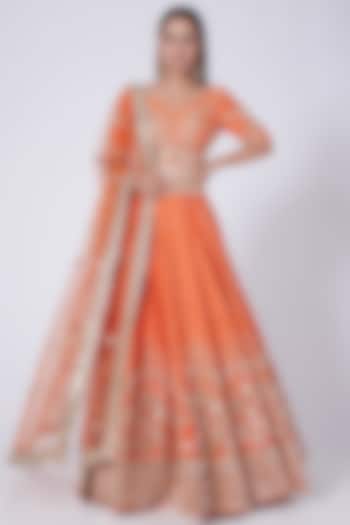 Orange Mirror Embellished Lehenga Set by Abhinav Mishra