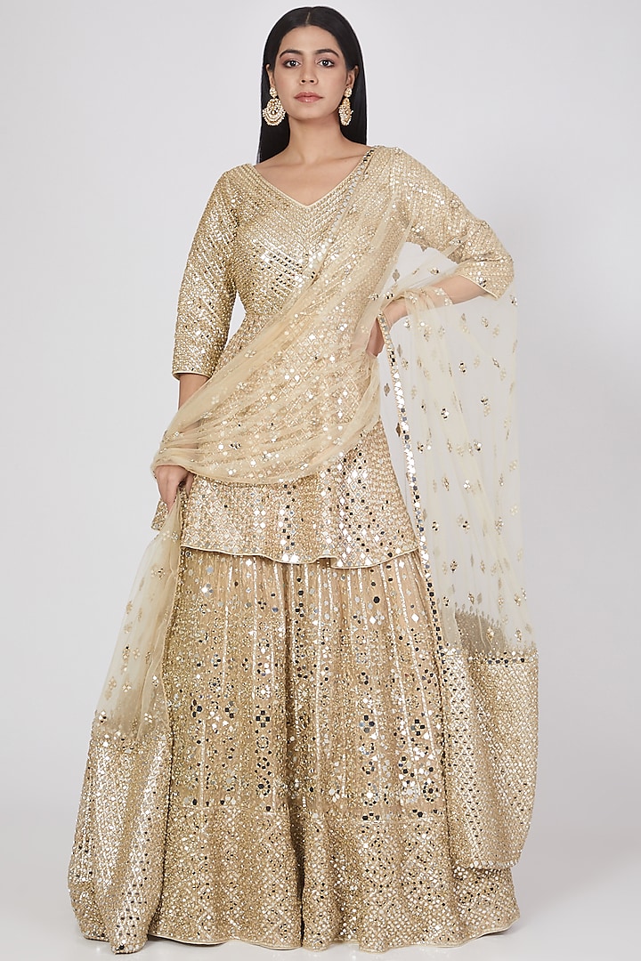 Gold Mirror Embroidered Lehenga Set by Abhinav Mishra