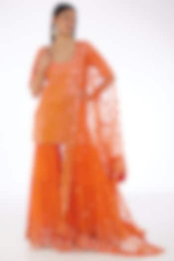 Orange Raw Silk & Chiffon Mirror Embroidered Sharara Set by Abhinav Mishra