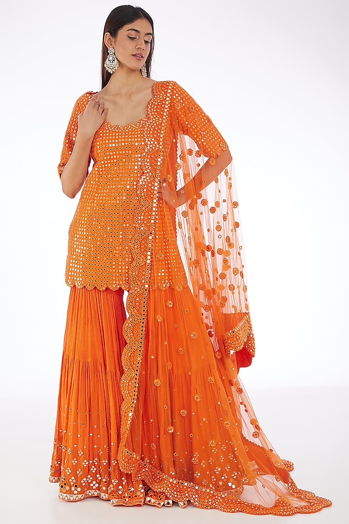 Orange Raw Silk & Chiffon Mirror Embroidered Sharara Set by Abhinav Mishra