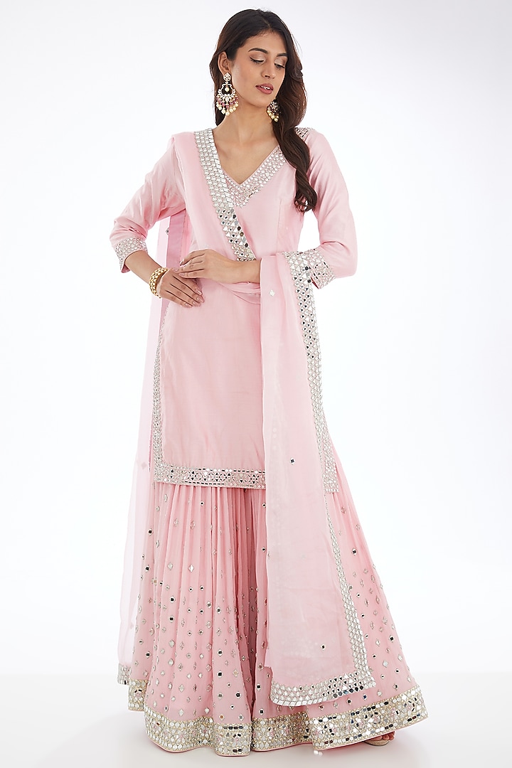 Blush Pink Chiffon & Chanderi Mirror Embroidered Sharara Set by Abhinav Mishra at Pernia's Pop Up Shop