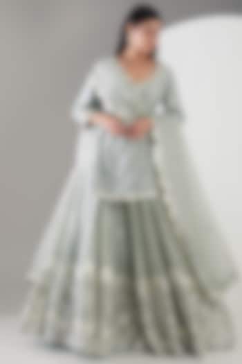 Sage Green Chanderi Silk Mirror Embroidered Skirt Set by Abhinav Mishra