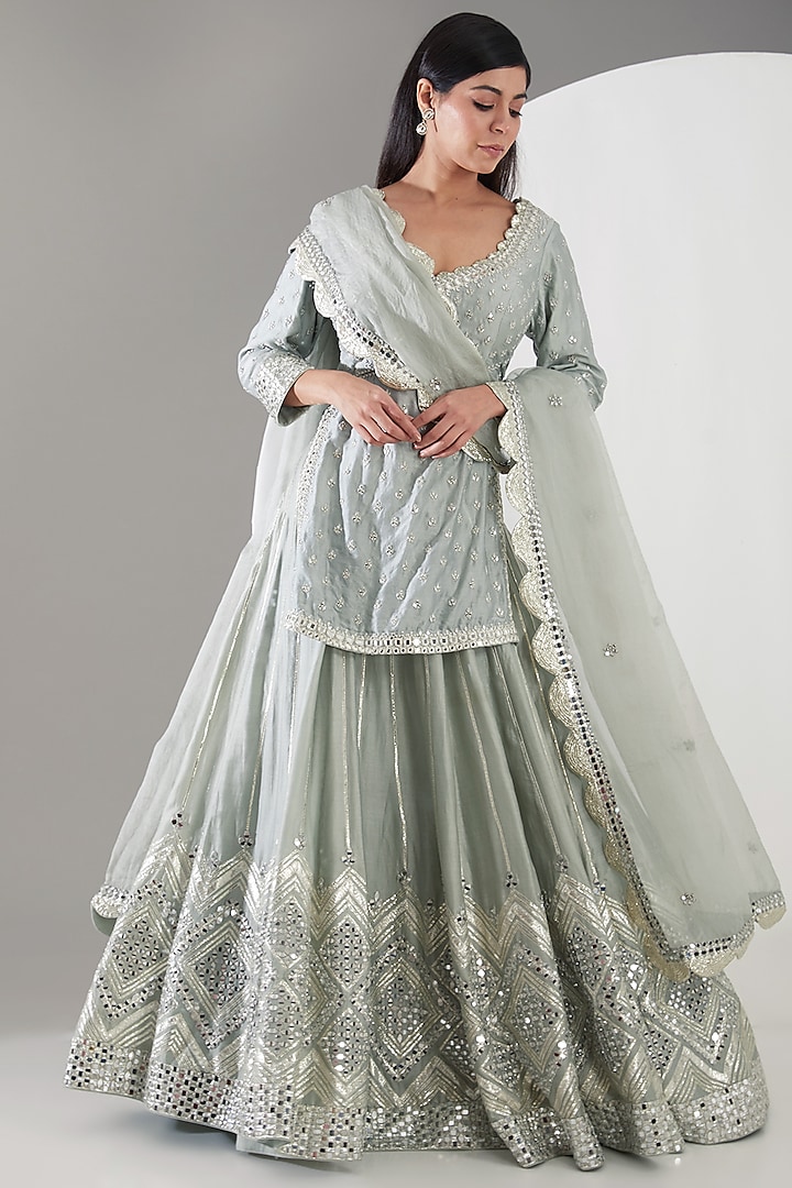 Sage Green Chanderi Silk Mirror Embroidered Skirt Set by Abhinav Mishra