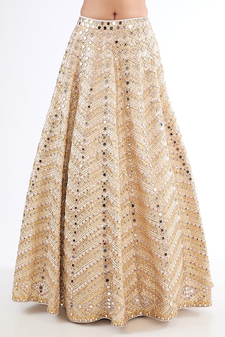 Gold Chiffon Mirror Embroidered Bridal Lehenga Set by Abhinav Mishra at Pernia's Pop Up Shop