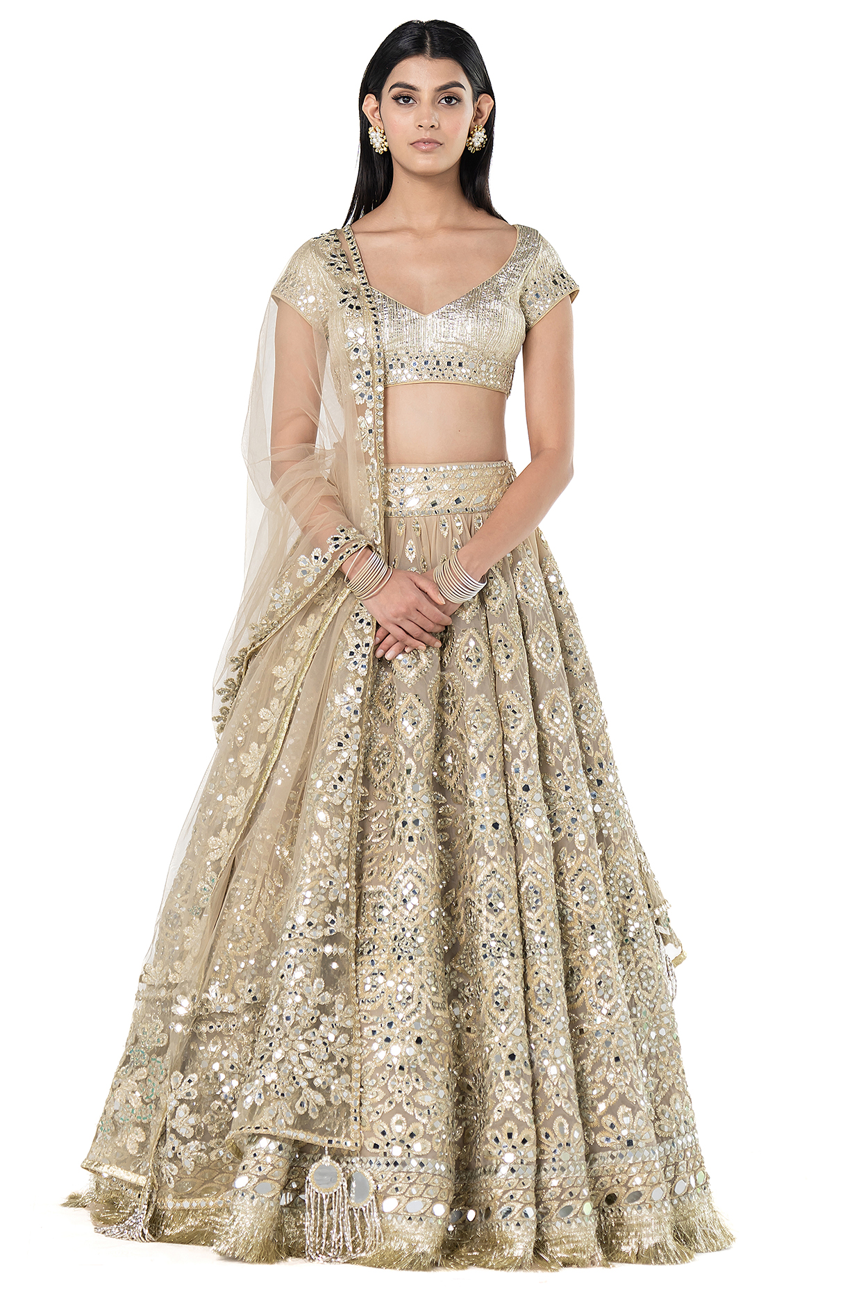 Beige-Golden Net Mirror Embroidered Bridal Lehenga Set by Abhinav Mishra at Pernia's Pop Up Shop