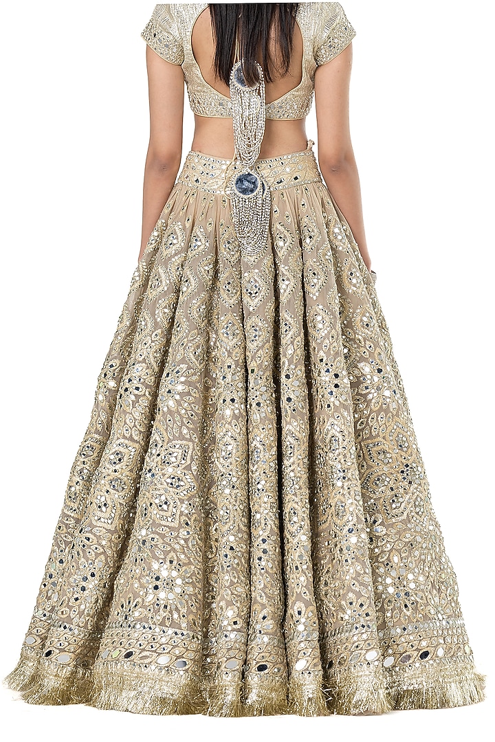 Beige-Golden Net Mirror Embroidered Bridal Lehenga Set by Abhinav Mishra at Pernia's Pop Up Shop