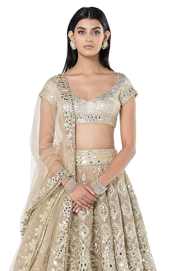 Beige-Golden Net Mirror Embroidered Bridal Lehenga Set by Abhinav Mishra at Pernia's Pop Up Shop