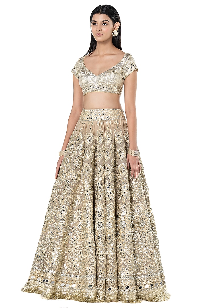 Beige-Golden Net Mirror Embroidered Bridal Lehenga Set by Abhinav Mishra at Pernia's Pop Up Shop