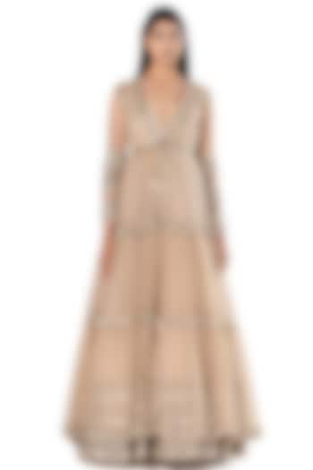 Beige Organza Embroidered Bridal Anarkali With Jacket by Abhinav Mishra at Pernia's Pop Up Shop