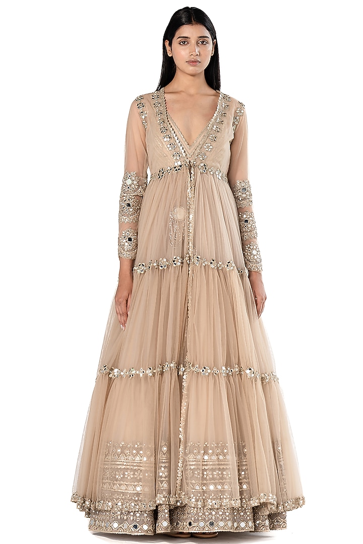 Beige Organza Embroidered Bridal Anarkali With Jacket by Abhinav Mishra at Pernia's Pop Up Shop