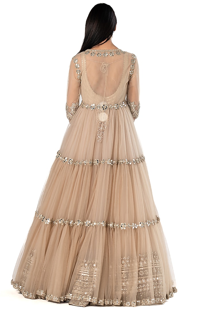 Beige Organza Embroidered Bridal Anarkali With Jacket by Abhinav Mishra at Pernia's Pop Up Shop