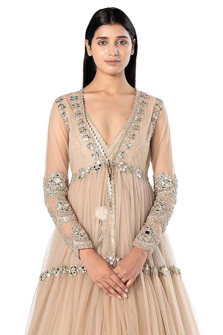 Beige Organza Embroidered Bridal Anarkali With Jacket by Abhinav Mishra at Pernia's Pop Up Shop