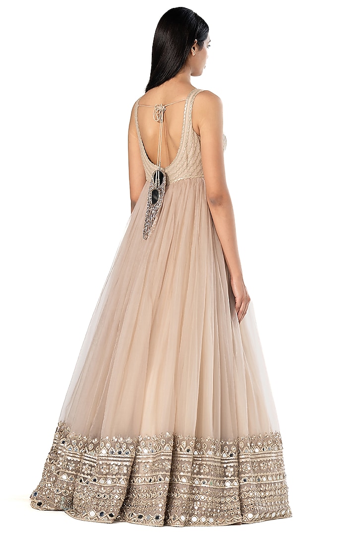 Beige Organza Embroidered Bridal Anarkali With Jacket by Abhinav Mishra at Pernia's Pop Up Shop