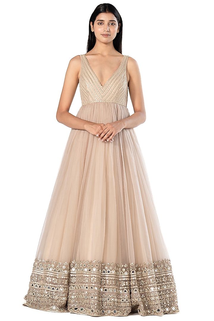 Beige Organza Embroidered Bridal Anarkali With Jacket by Abhinav Mishra at Pernia's Pop Up Shop