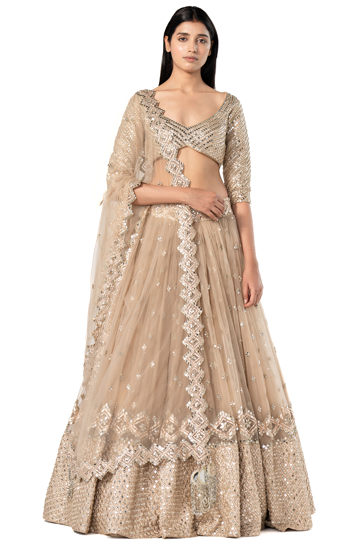 Beige-Golden Net Mirror Embellished Bridal Lehenga Set by Abhinav Mishra at Pernia's Pop Up Shop