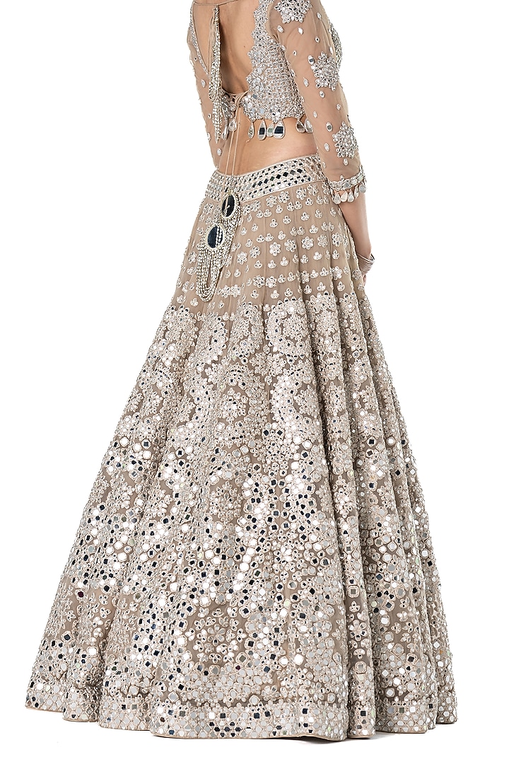 Beige Net Mirror Embroidered Bridal Lehenga Set by Abhinav Mishra at Pernia's Pop Up Shop