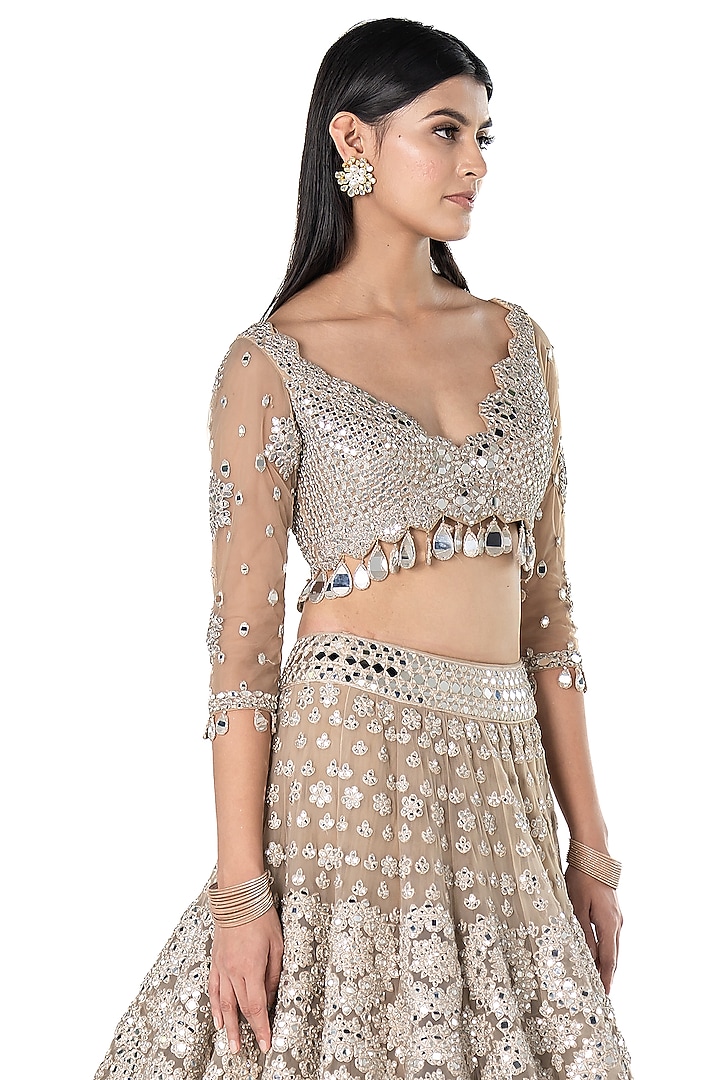 Beige Net Mirror Embroidered Bridal Lehenga Set by Abhinav Mishra at Pernia's Pop Up Shop