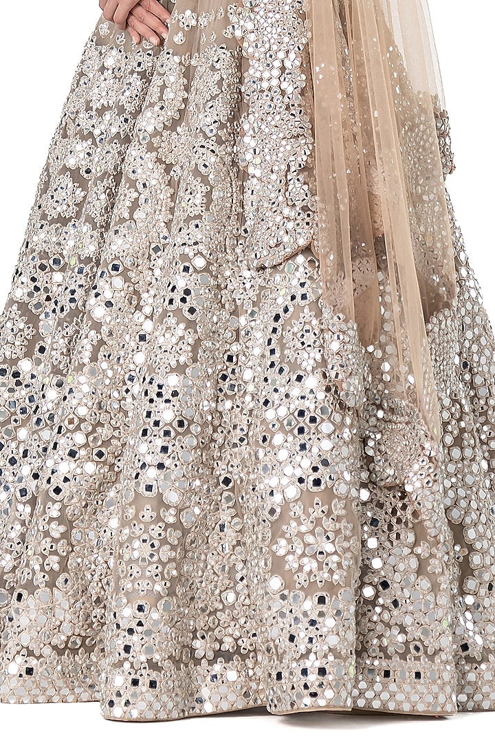 Beige Net Mirror Embroidered Bridal Lehenga Set by Abhinav Mishra at Pernia's Pop Up Shop