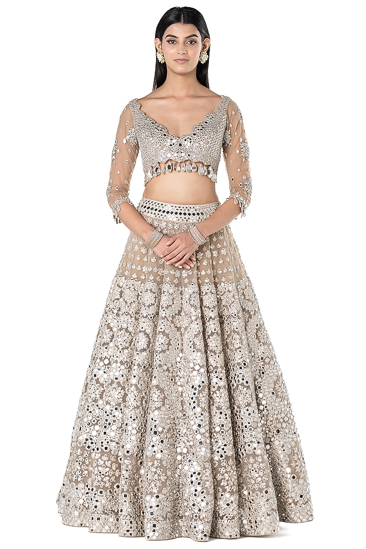 Beige Net Mirror Embroidered Bridal Lehenga Set by Abhinav Mishra at Pernia's Pop Up Shop