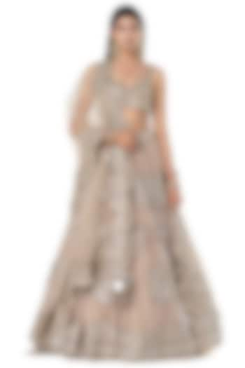 Moon Grey Organza Mirror Embellished Lehenga Set by Abhinav Mishra