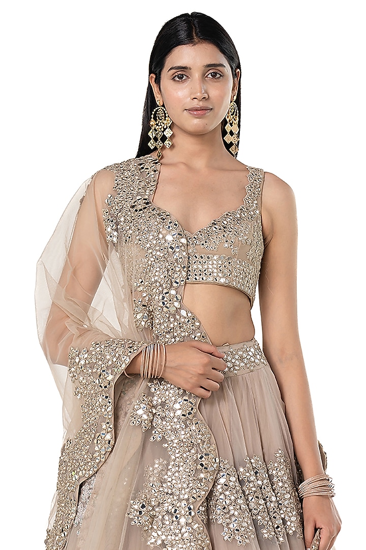 Moon Grey Organza Mirror Embellished Bridal Lehenga Set by Abhinav Mishra at Pernia's Pop Up Shop