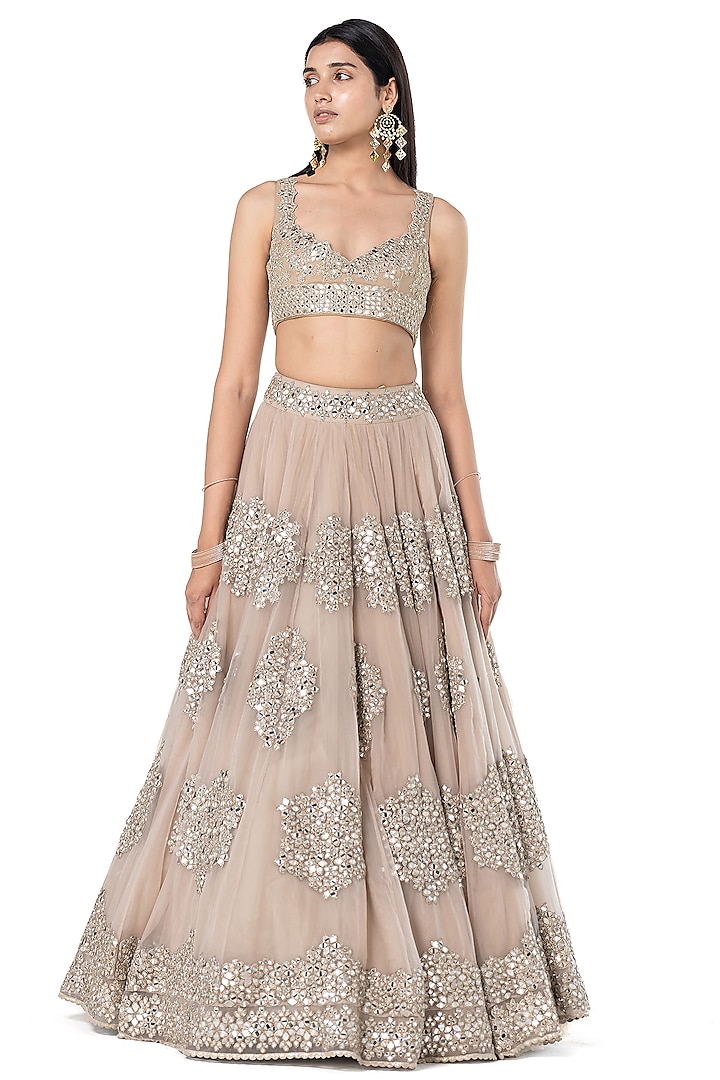 Moon Grey Organza Mirror Embellished Bridal Lehenga Set by Abhinav Mishra at Pernia's Pop Up Shop
