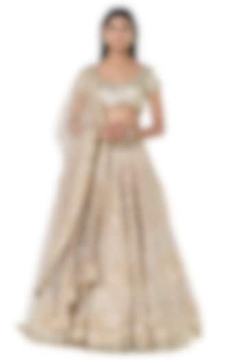 Beige Chanderi Mirror Embroidered Bridal Lehenga Set by Abhinav Mishra at Pernia's Pop Up Shop