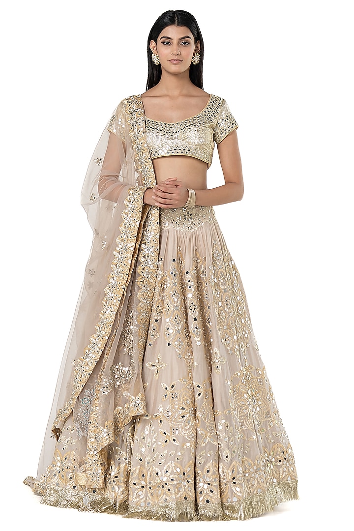 Beige Chanderi Mirror Embroidered Bridal Lehenga Set by Abhinav Mishra at Pernia's Pop Up Shop
