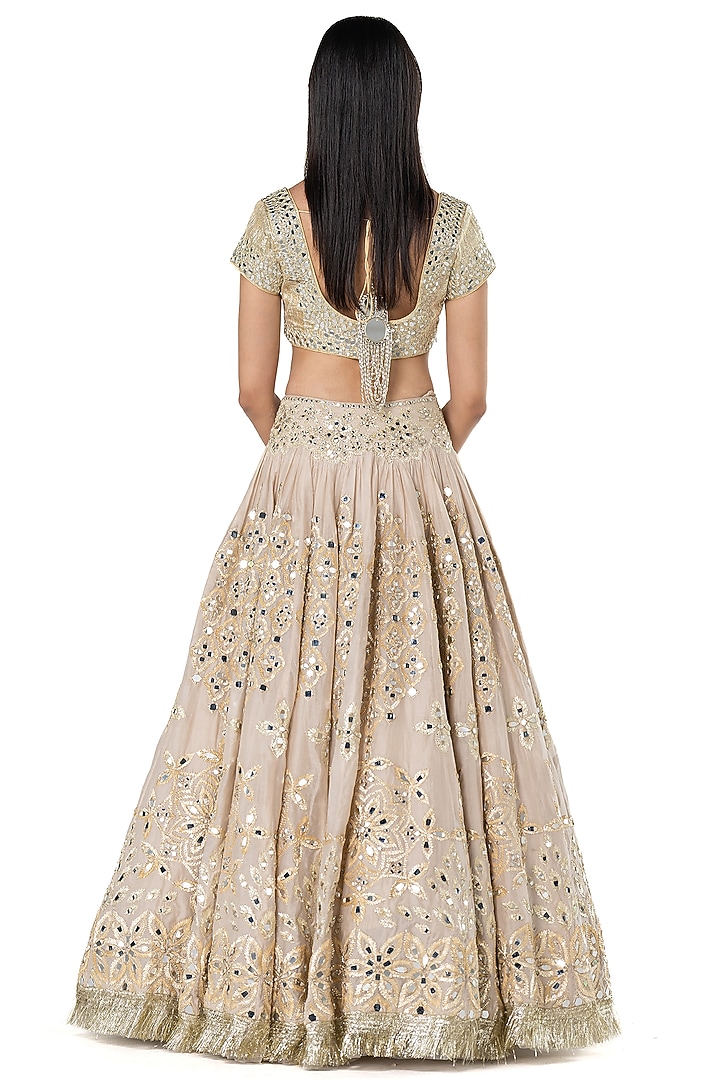 Beige Chanderi Mirror Embroidered Bridal Lehenga Set by Abhinav Mishra at Pernia's Pop Up Shop