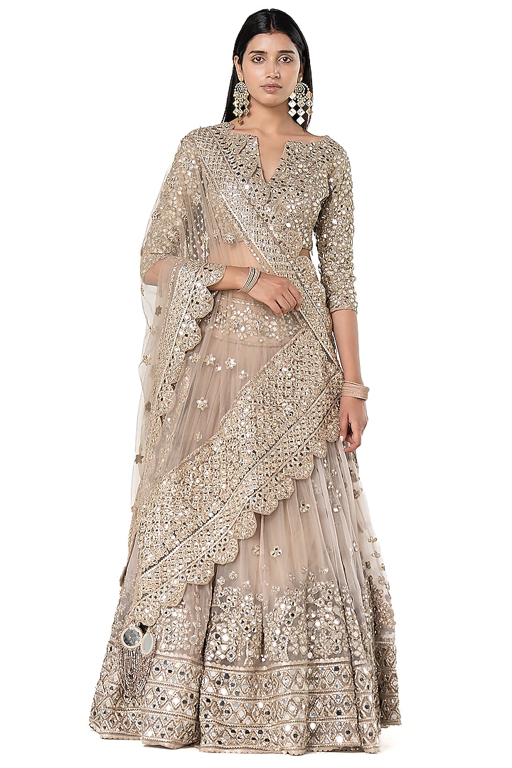 Moon Grey Organza Mirror Embellished Bridal Lehenga Set by Abhinav Mishra at Pernia's Pop Up Shop