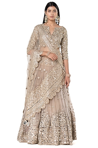 Moon Grey Organza Mirror Embellished Lehenga Set by Abhinav Mishra
